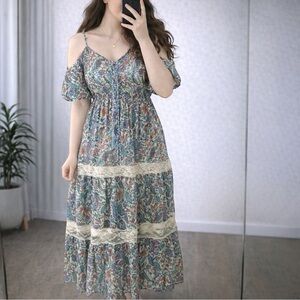 Flying Tomato Boho Floral Cold Shoulder Maxi Dress